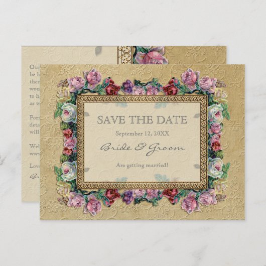 Gouden Brocade Floral Formal Elegant Save the Date Aankondigingskaart (Voorkant / Achterkant)