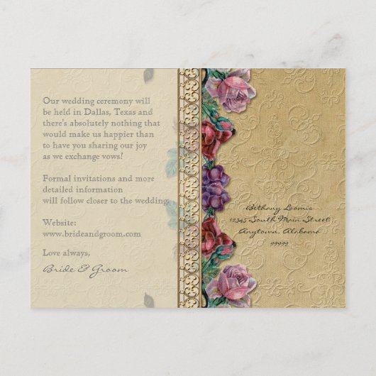 Gouden Brocade Floral Formal Elegant Save the Date Aankondigingskaart (Achterkant)
