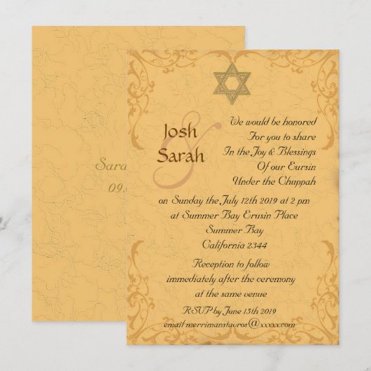  gouden brokaat joodse bruiloft kaart (Voorkant / Achterkant)