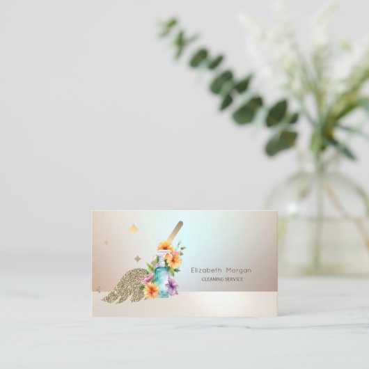 Gouden Broom Huis Schoonmaakdiensten Spuitfles Visitekaartje (Staand voorkant)