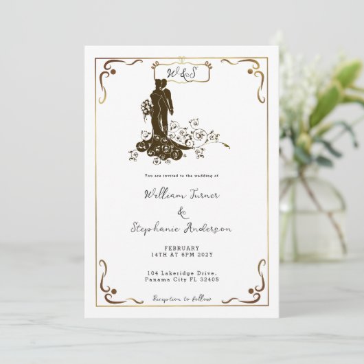 Gouden bruid bruidegom bruiloft silhouet monogram kaart (Staand voorkant)