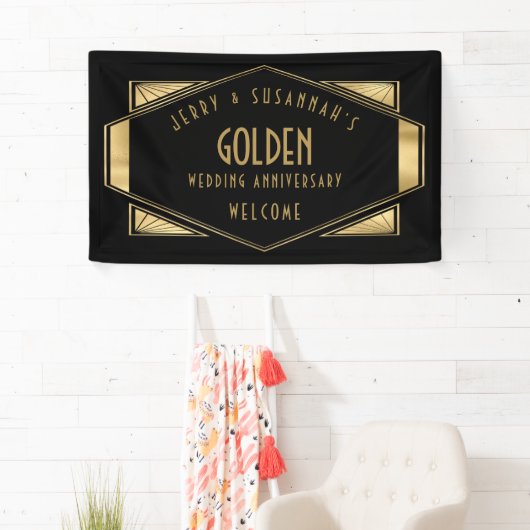 Gouden Bruiloft 50e Namen Art deco Goud Zwart Spandoek (Insitu)