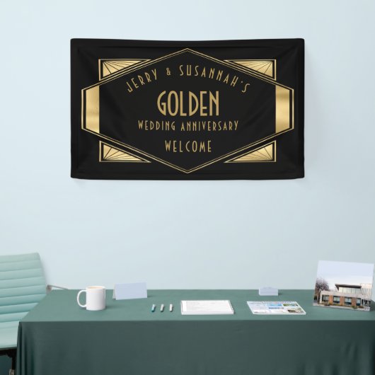 Gouden Bruiloft 50e Namen Art deco Goud Zwart Spandoek (Beurs)