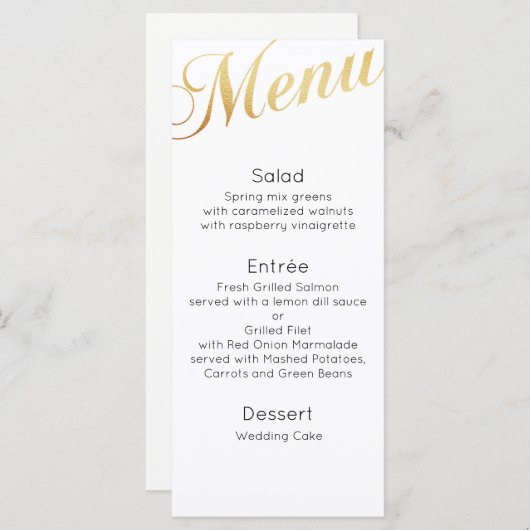 Gouden bruiloft diner menu. Elegante tafeldecorati Menu (Voorkant / Achterkant)