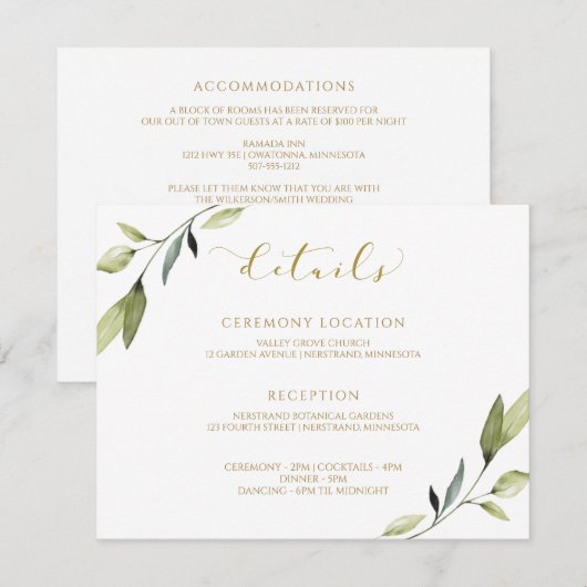 Gouden bruiloft groen Botanische Waterverf Elegant Informatiekaartje (Voorkant / Achterkant)