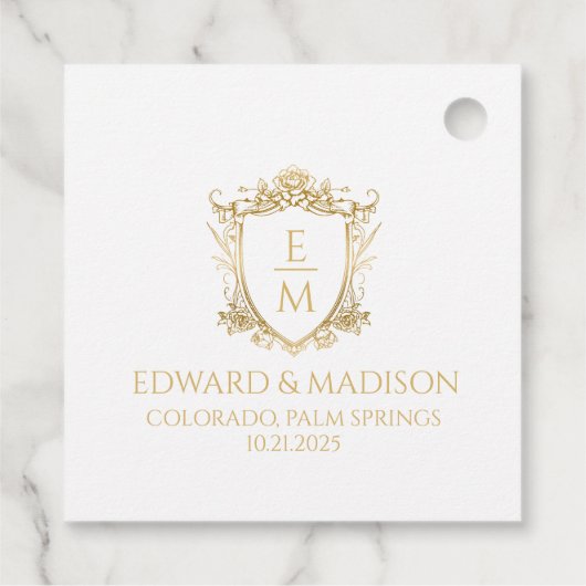 Gouden bruiloft Initialen & bruiloft Floral Crest Bedankjes Labels (Achterkant)