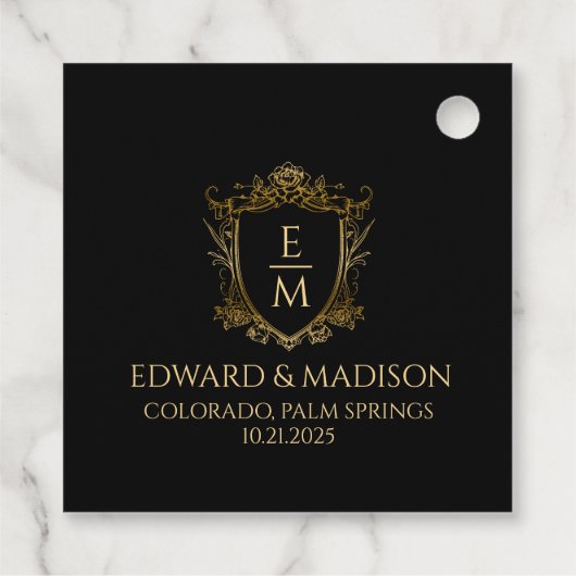 Gouden bruiloft Initialen & bruiloft Floral Crest Bedankjes Labels (Achterkant)