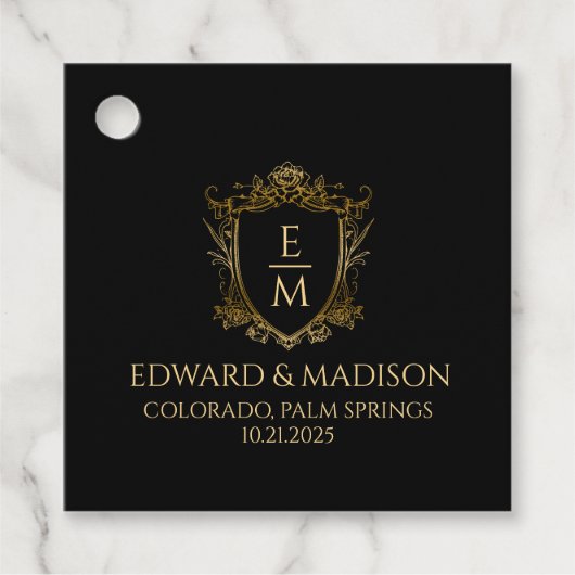 Gouden bruiloft Initialen & bruiloft Floral Crest Bedankjes Labels (Voorkant)