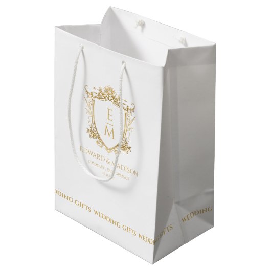 Gouden bruiloft Initialen & bruiloft Floral Crest Medium Cadeauzakje (Voorkant Gekanteld)