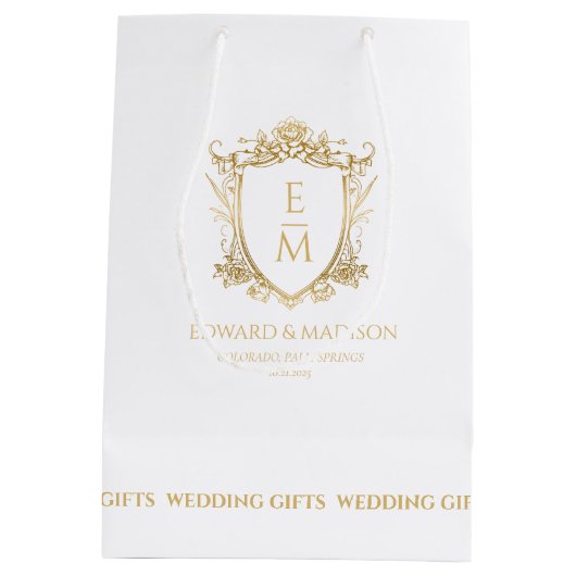 Gouden bruiloft Initialen & bruiloft Floral Crest Medium Cadeauzakje (Achterkant)