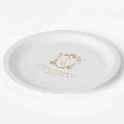 Gouden bruiloft Initialen & bruiloft Floral Crest Papieren Bordje (Gekanteld)