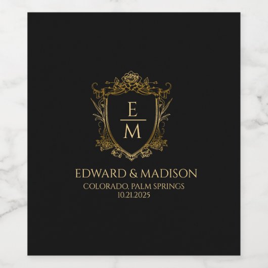 Gouden bruiloft Initialen & bruiloft Floral Crest Wijn Etiket (Enkel label)