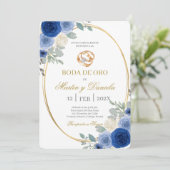 Gouden bruiloft met blauwe bloem kaart (Staand voorkant)