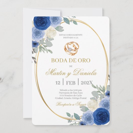 Gouden bruiloft met blauwe bloem kaart (Voorkant)