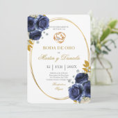 Gouden bruiloft met blauwe boho kaart (Staand voorkant)