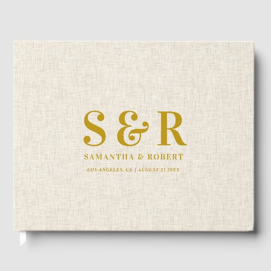 Gouden Bruiloft Monogram Beige Linnen Gastenboek (Voorkant)