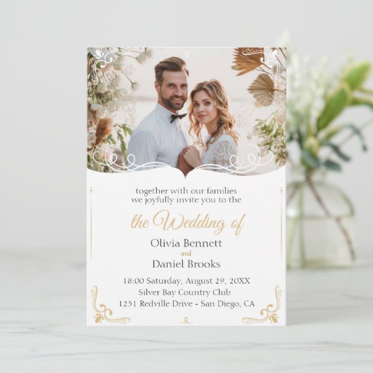 Gouden bruiloft uitnodigingskaart met foto kaart (Staand voorkant)