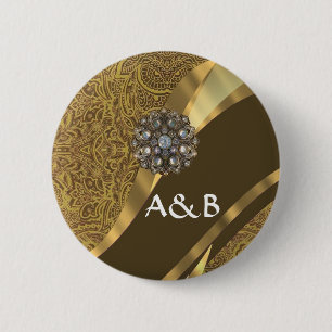 Gouden bruin wervelpatroon ronde button 5,7 cm