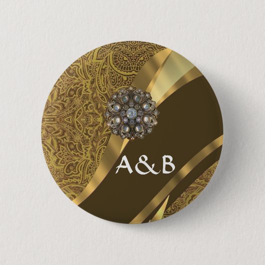Gouden bruin wervelpatroon ronde button 5,7 cm (Voorkant)