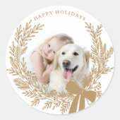 Gouden Bruine Kerst Krans Foto Ronde Sticker (Voorkant)