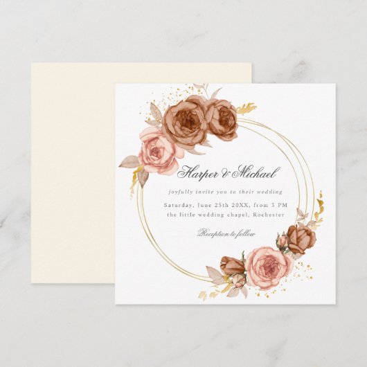 gouden bruine rozen met uitnodiging voor het huwel (Voorkant / Achterkant)