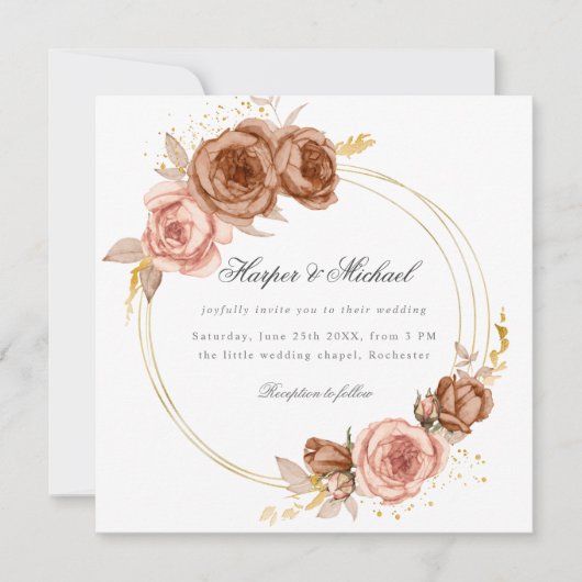 gouden bruine rozen met uitnodiging voor het huwel (Voorkant)