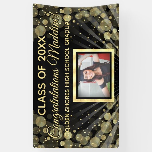 Gouden Bubbels Rays Aangepaste Foto Afstuderen Tek Spandoek (Verticaal)