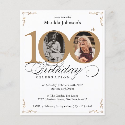 Gouden Budget Foto 100e Verjaardag Party Uitnodigi (Voorkant)