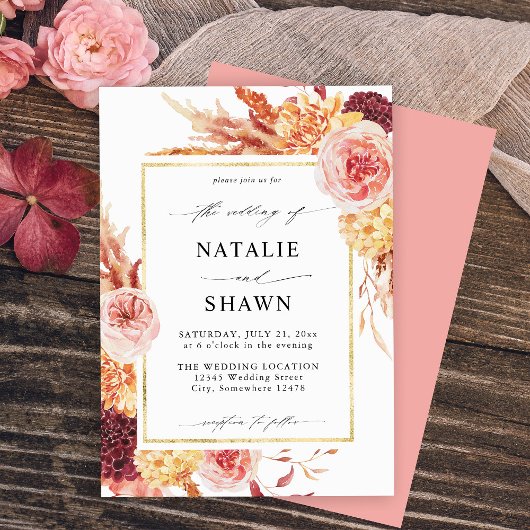 Gouden Burgundy & Blush Roze Bloemige Trouw - Roze Kaart