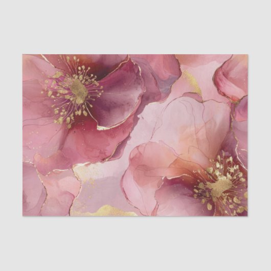 Gouden Burgundy Roze Roze Bloemen Bruiloft Tissuepapier (Voorkant)