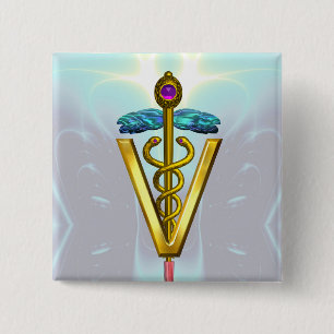 GOUDEN CADUCEUS DIERGENEESKUNDIG SYMBOOL / Turkooi Vierkante Button 5,1 Cm