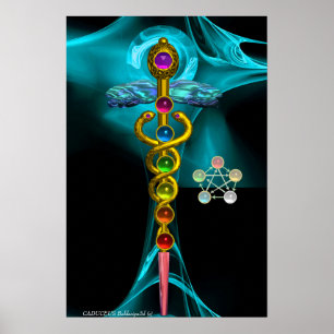 Gouden caduceus en 7 chakra's in blauwe fractale r poster