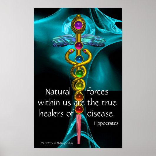 Gouden Caduceus en 7 Chakras in Blauwe Fractale Ro Poster (Voorkant)