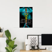 Gouden Caduceus en 7 Chakras in Blauwe Fractale Ro Poster (Thuiskantoor)
