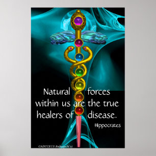 Gouden Caduceus en 7 Chakras in Blauwe Fractale Ro Poster