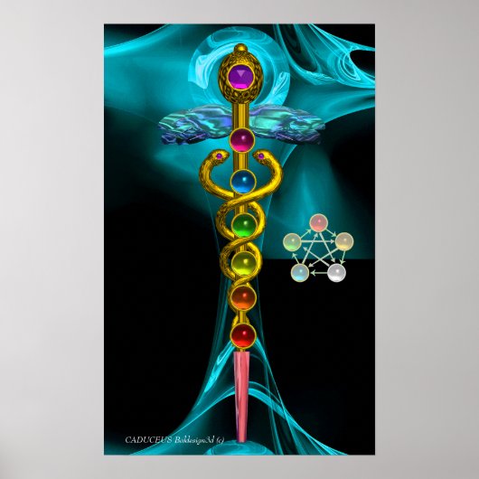 Gouden Caduceus en 7 Chakras in Blauwe Fractale Ro Poster (Voorkant)