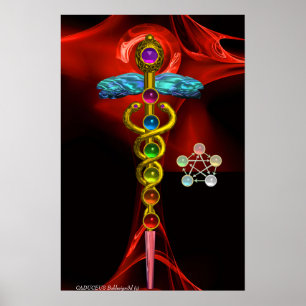 GOUDEN CADUCEUS EN 7 CHAKRA'S IN RODE FRACTALE ROO POSTER