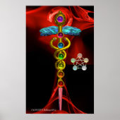 Gouden Caduceus en 7 Chakras in Rode FRACTALE ROOS Poster (Voorkant)