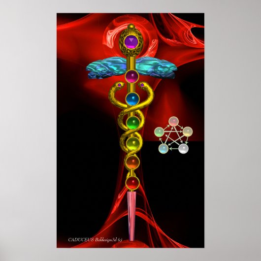 Gouden Caduceus en 7 Chakras in Rode FRACTALE ROOS Poster (Voorkant)