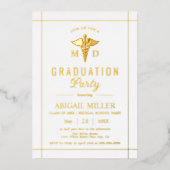 Gouden caduceus Klasse van 2025 wit afstuderen Folie Uitnodiging (Voorkant)