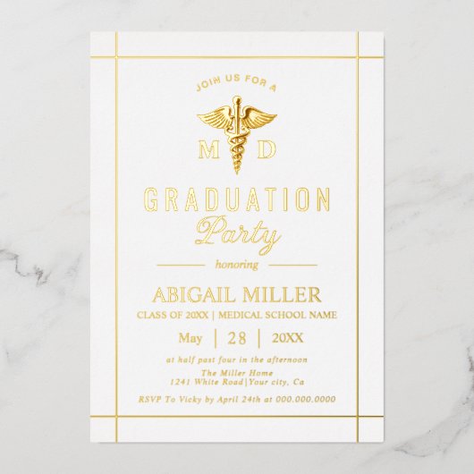 Gouden caduceus Klasse van 2025 wit afstuderen Folie Uitnodiging (Voorkant)