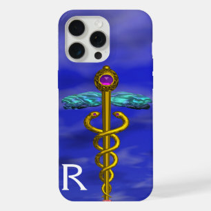 Gouden Caduceus Medisch Symbool Blauwe Lucht Monog iPhone 15 Pro Max Case