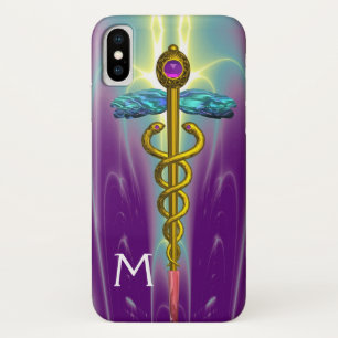 Gouden Caduceus Medisch Symbool Groen Paarse Monog iPhone X Hoesje