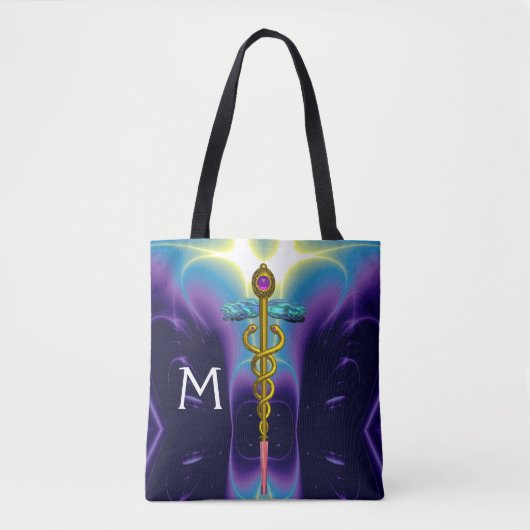 GOUDEN CADUCEUS MEDISCH SYMBOOL MONOGRAM, Paarse B Tote Bag (Voorkant)