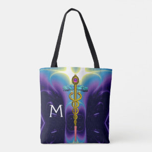 GOUDEN CADUCEUS MEDISCH SYMBOOL MONOGRAM, Paarse B Tote Bag