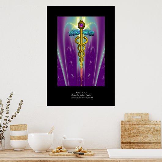 Gouden Caduceus Medisch Symbool Paars Groen Zwart Poster (Keuken)
