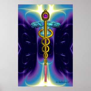 Gouden CADUCEUS Medisch Symbool Paarse Blauwe Golv Poster