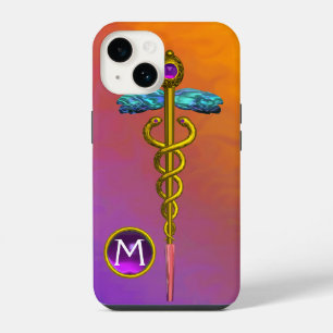Gouden Caduceus Medisch Symbool Paarse Edelsteen M iPhone 14 Hoesje