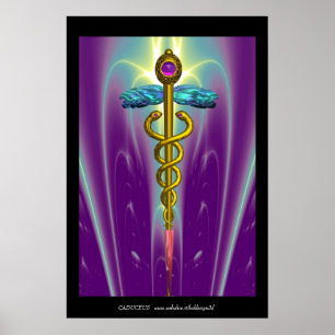 Gouden CADUCEUS Medisch Symbool Paarse Groene Golv Poster