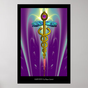 Gouden CADUCEUS Medisch Symbool Paarse Groene Golv Poster